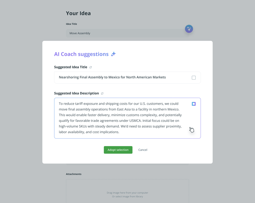 Screenshot of AI Idea Coach suggesting a supply chain optimization idea to reduce tariffs. Shows idea submission form with auto-generated title and description for relocating assembly operations.