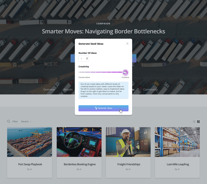 Screenshot of AI Idea Generator suggesting four creative ideas to optimize trade routes and reduce cross-border delays. Includes campaign title and autogenerated idea titles for improving logistics efficiency.
